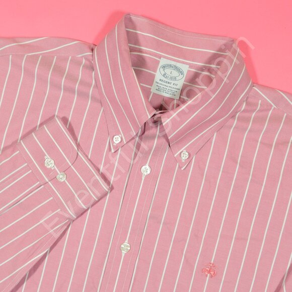 Brooks Brothers Oxford Shirt Mens L Red Regent Non Iron OCBD Striped - Picture 1 of 5